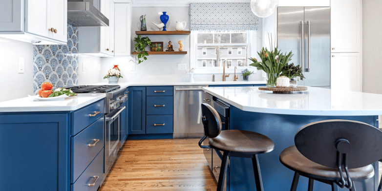 Blue Kitchen Remodel In New Jersey with Wood Floors and Island Seating