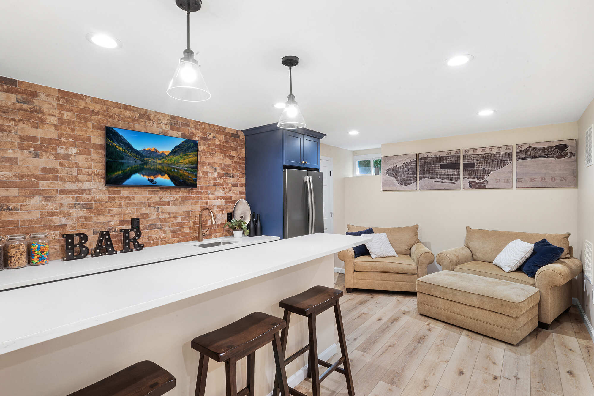 Kitchen and Seating Area in Remodeled New Jersey Basement