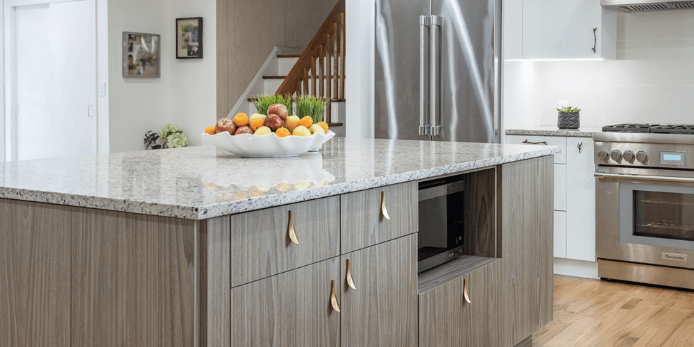 Modern Kitchen with Gray Wood Island and White Border Cabinets