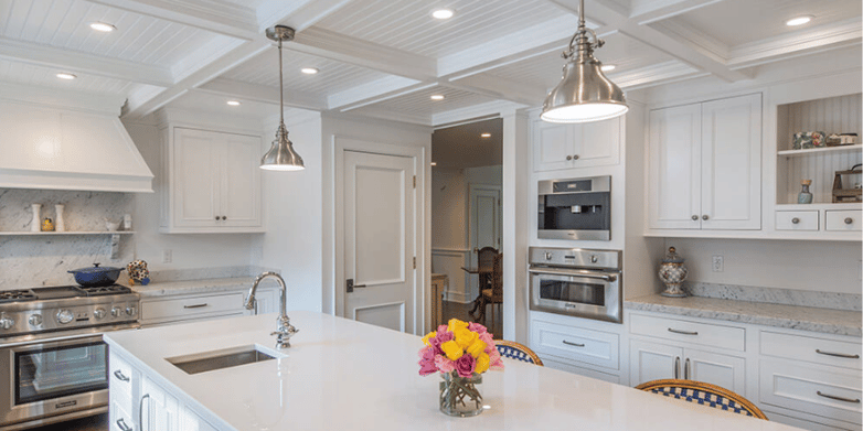 kitchen remodel in new jersey with coffered ceiling and large wet island