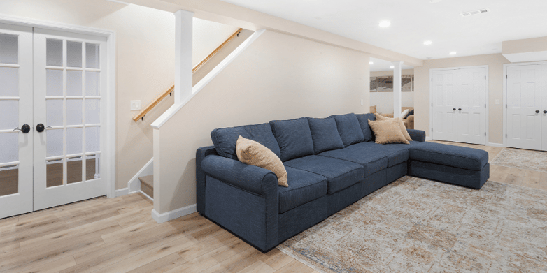 Stairs to Finished New Jersey Basement Renovation with Home Gym 