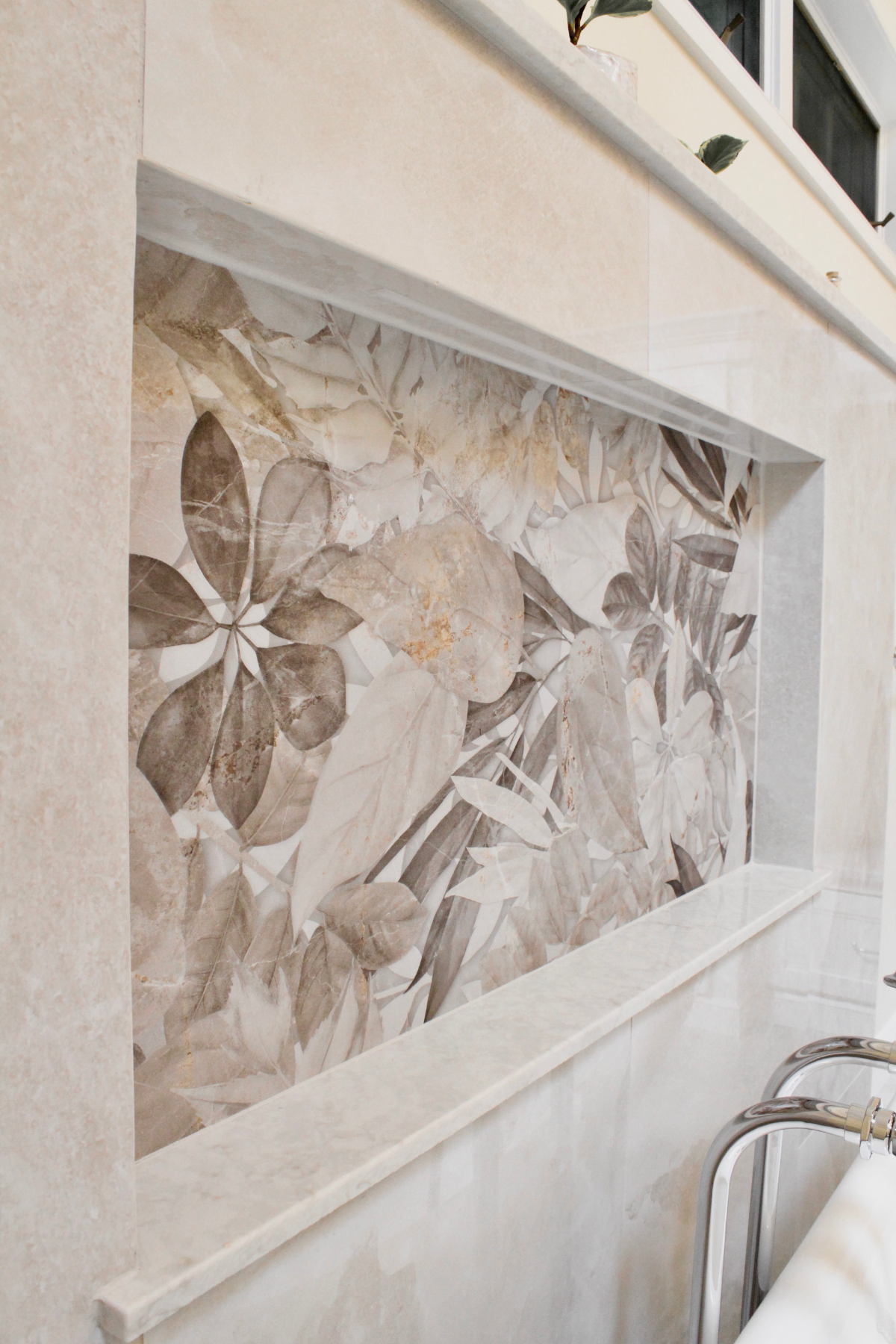 Botanical tile niche in Mendham bathroom remodel. Botanical tile niche in Mendham bathroom remodel.