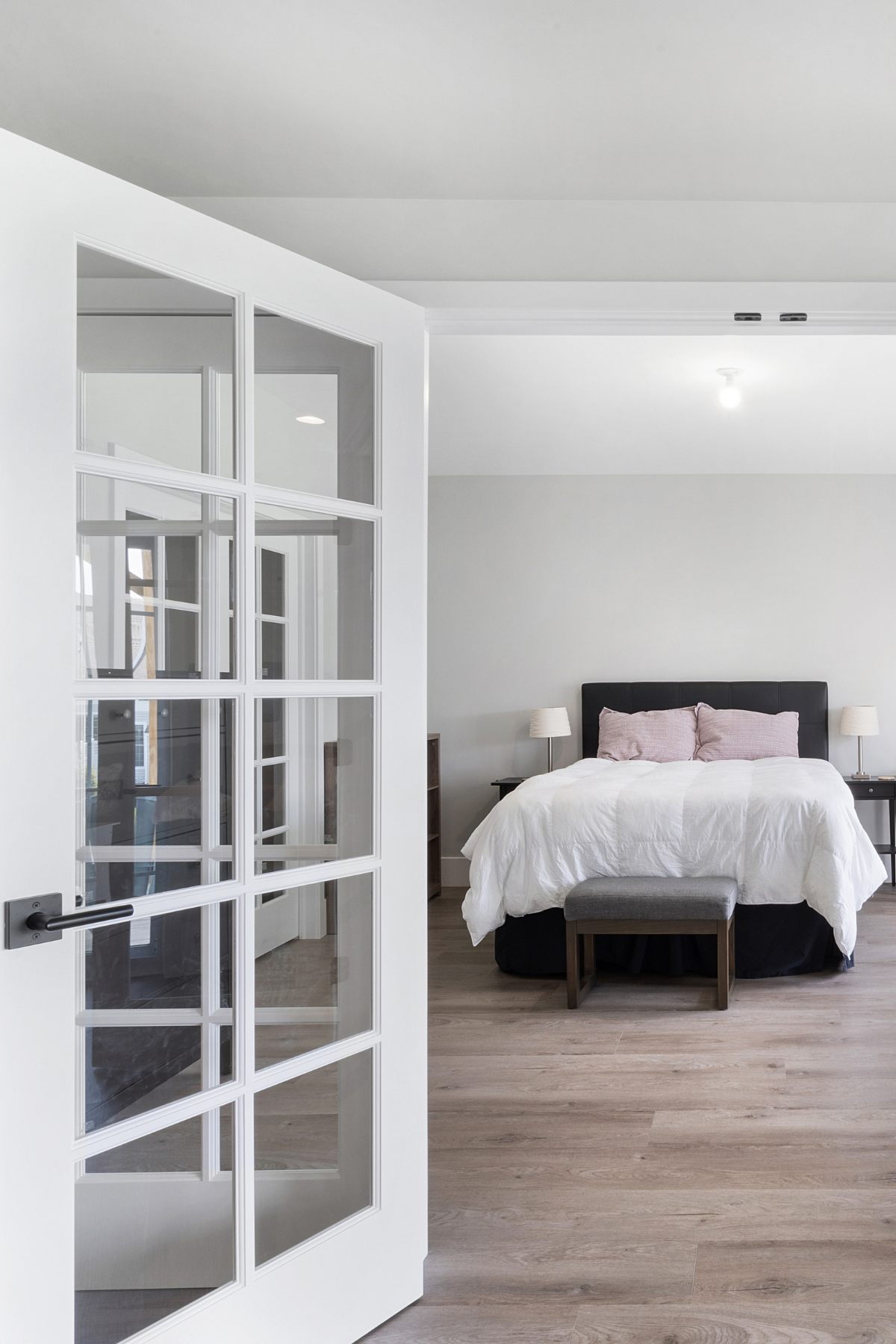 Basement guest room featuring glass-pane double doors, creating a bright, inviting space with a modern touch. Basement guest room featuring glass-pane double doors, creating a bright, inviting space with a modern touch.