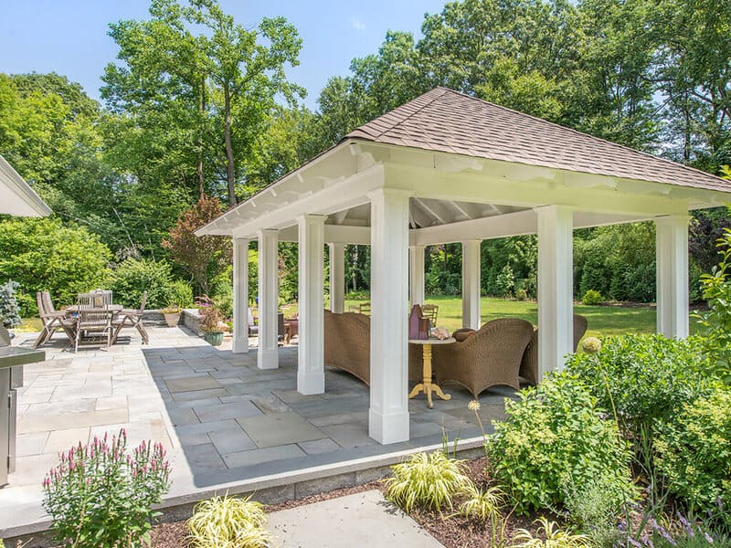 Pavilion with tongue and groove roof decking, custom traditional paneled columns on blue stone patio in Boonton, NJ renovated by JMC Home Improvement Specialists