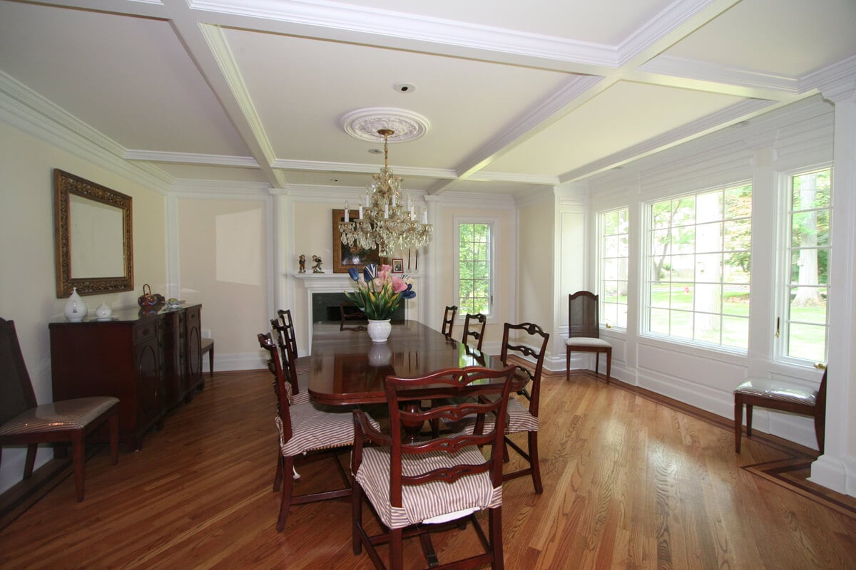 Coffered ceiling dining room with diagonal oak hard wood floor in Mountain Lakes, NJ renovated by JMC Home Improvement Specialists