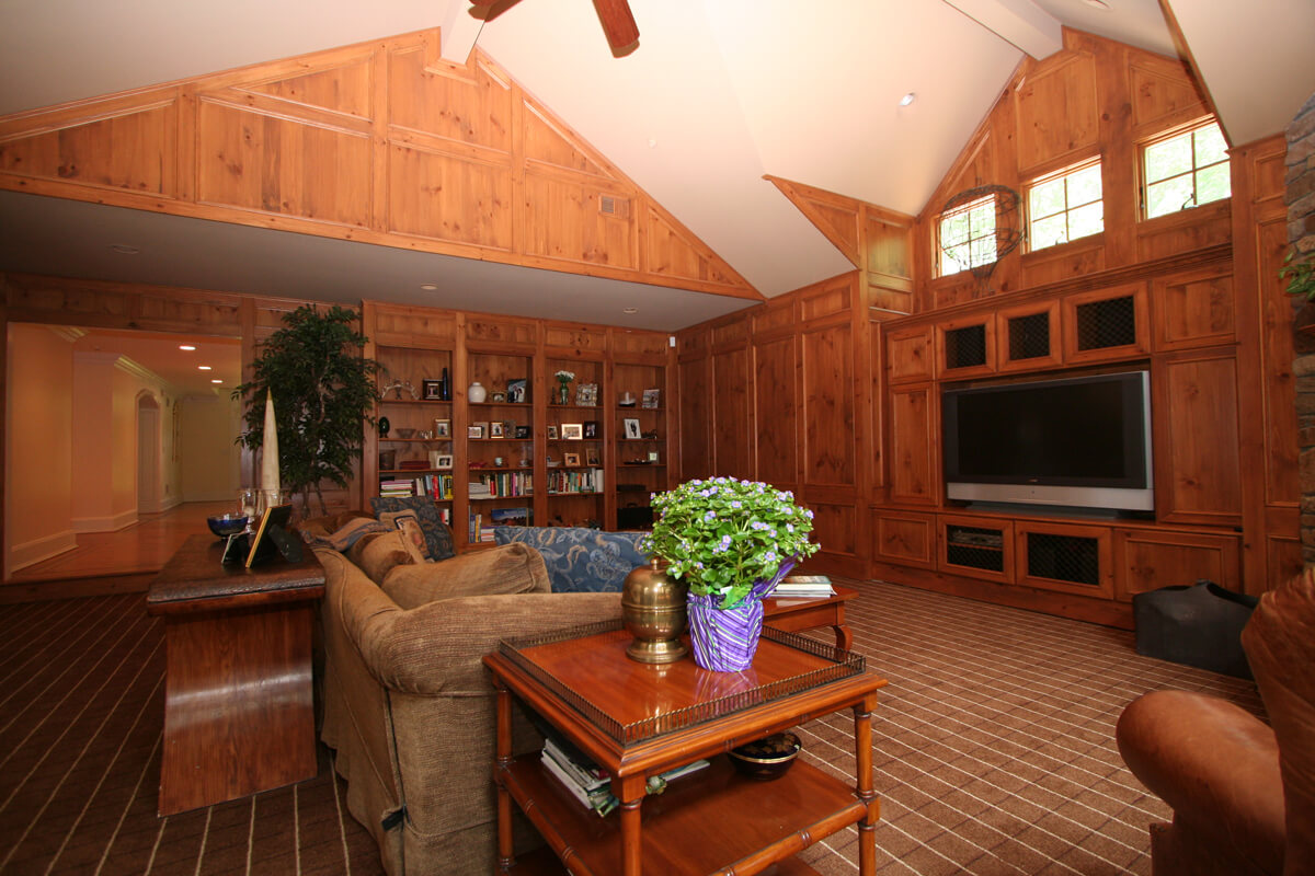 Authentic knotty pine paneling with vaulted ceiling in Mt Lakes, NJ renovated by JMC Home Improvement Specialists