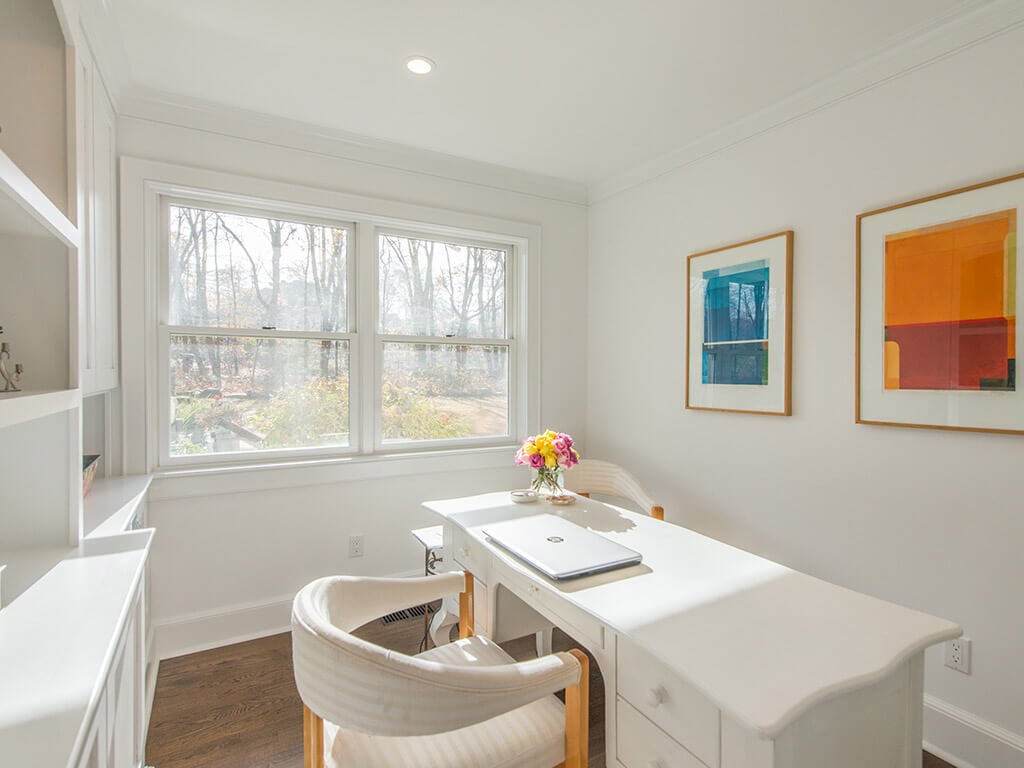 White home office with 7” oak floors in Morris County, NJ renovated by JMC Home Improvement Specialists