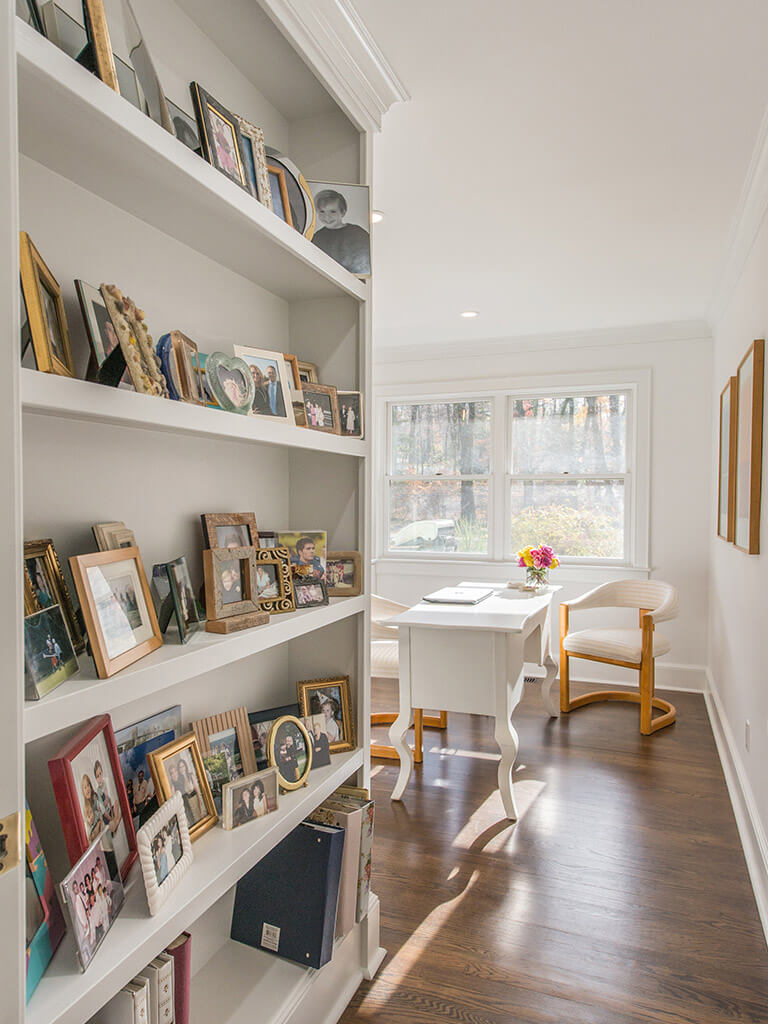 White home office with 7” oak floors and bookshelf in Boonton, NJ renovated by JMC Home Improvement Specialists