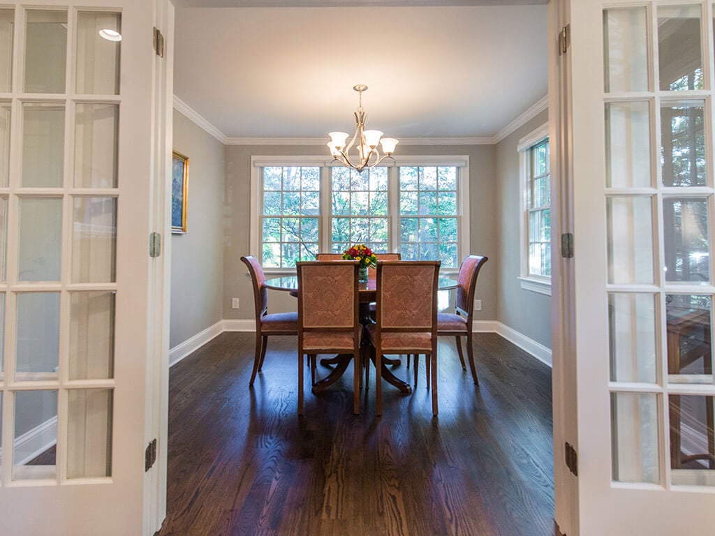 French door entrance to dining room with hardwood floor in Springfield, NJ renovated by JMC Home Improvement Specialists