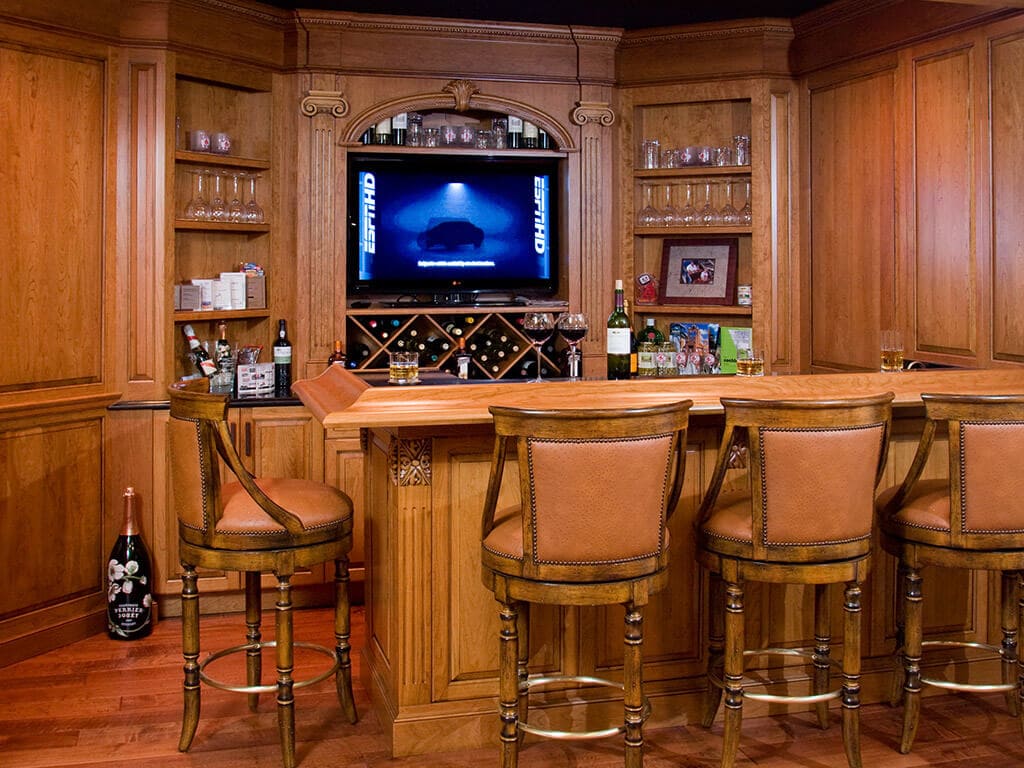 Custom basement wood bar in Randolph Renovated by JMC Home Improvement Specialists