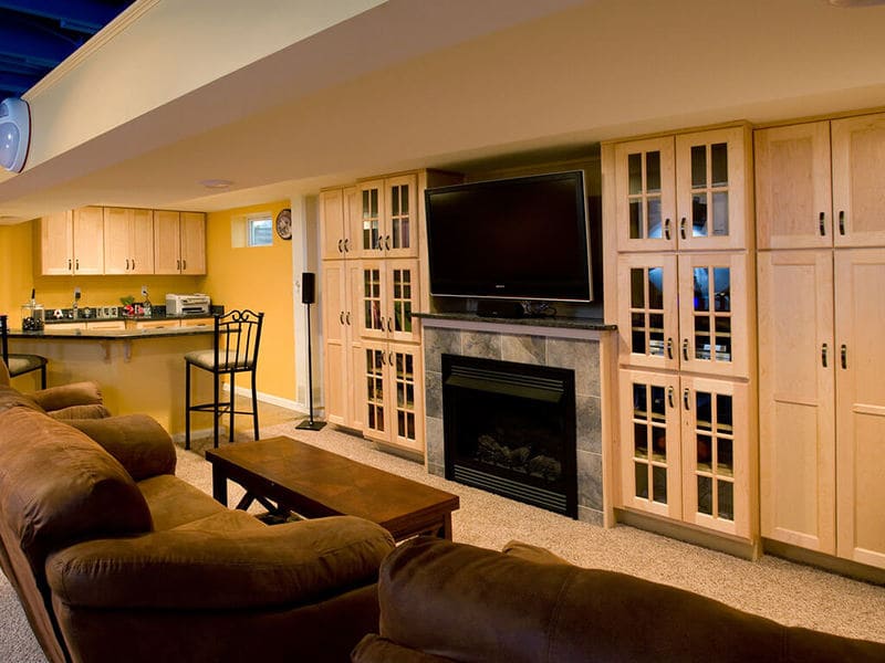 Basement Remodel natural mapel custom entertainment center in Sparta New Jersey JMC Home Improvement Specialists