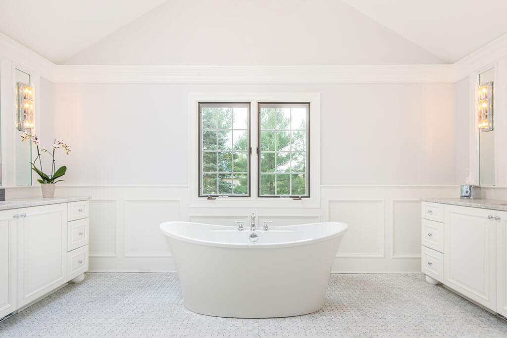 Award Winning Elegant Master Bathroom with Soaking Tub and His and Hers Double Vanities In Morris Township New Jersey by JMC Home Improvement Specialists
