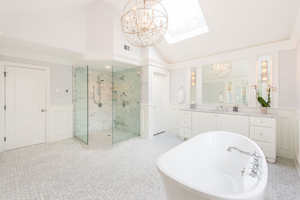 Award Winning Elegant White Master Bathroom Renovation with Soaking Tub and Curbless Shower in Morris Township New Jersey by JMC Home Improvement Specialists