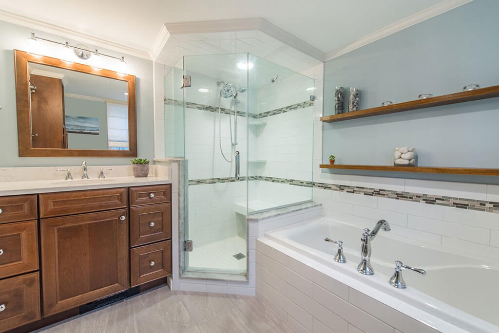 Master bathroom with Neo angle shower and soaking tub in Bernardsville, NJ renovated by JMC Home Improvement Specialists