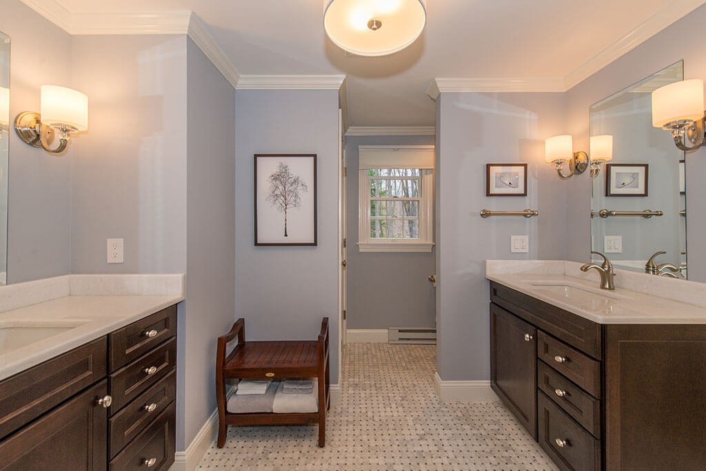 Master bathroom with his and hers espresso vanities and basketweave tile floor Boonton, NJ renovated by JMC Home Improvement Specialists