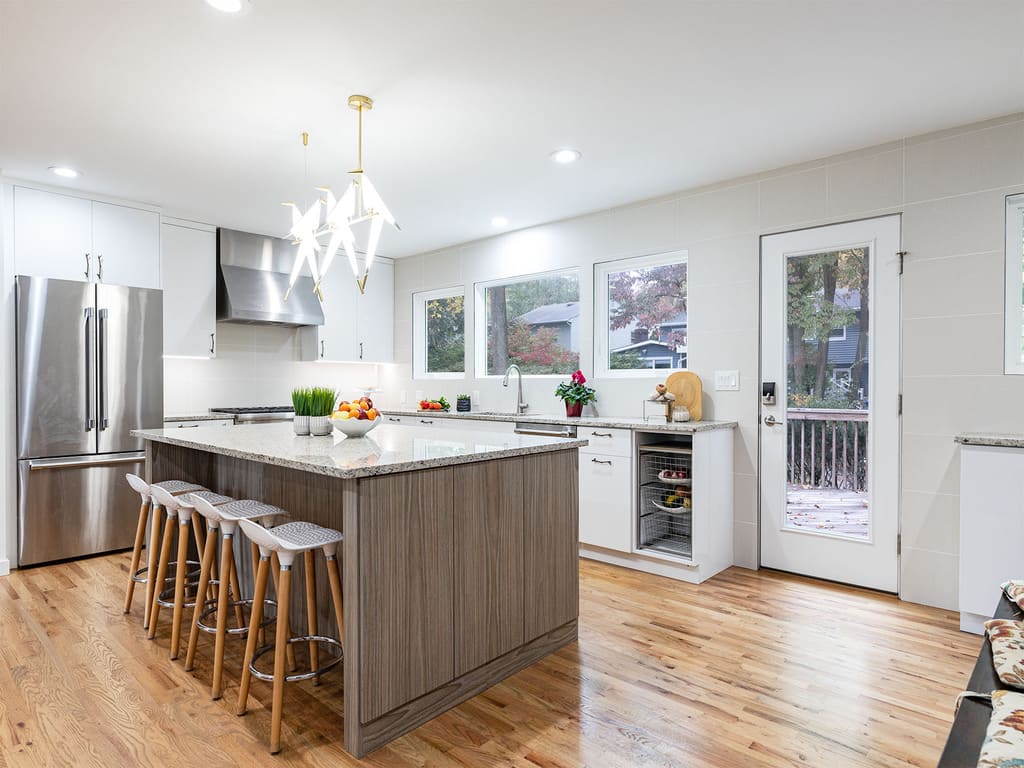 Kitchen Remodel with bird chandelier, twig branch cabinet drawer pulls, leaf handles with two tone accents in Livingston , NJ renovated by JMC Home Improvement Specialists