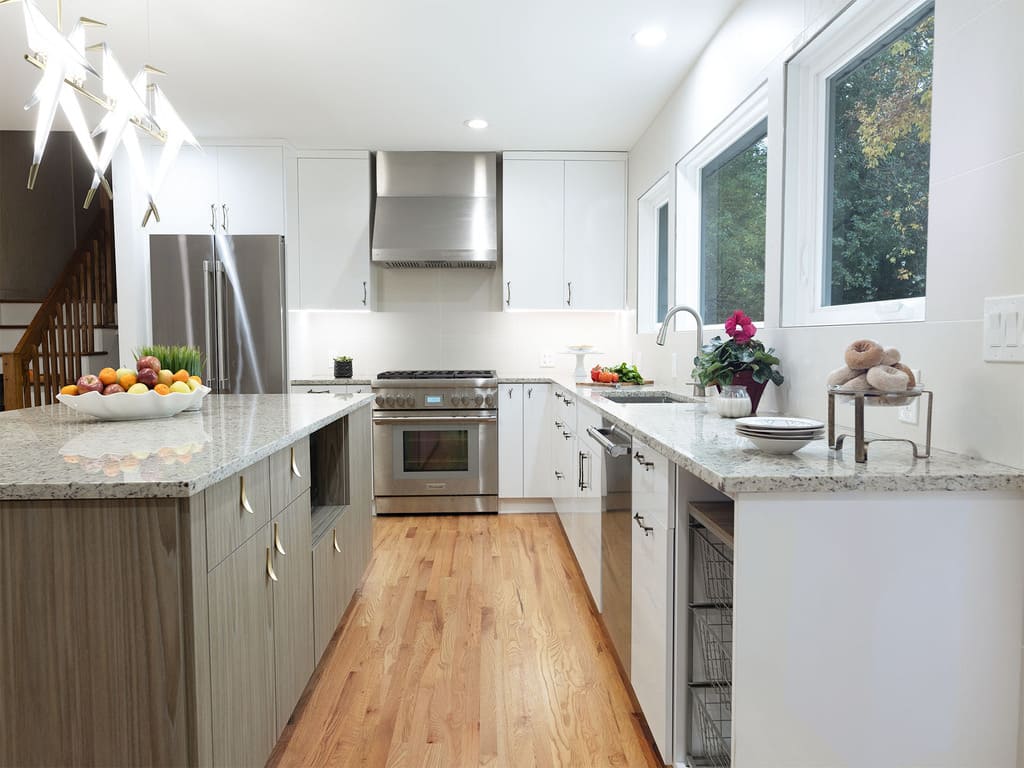 Kitchen Remodel with bird chandelier, twig branch cabinet drawer pulls, leaf handles with two tone accents in Livingston , NJ renovated by JMC Home Improvement Specialists