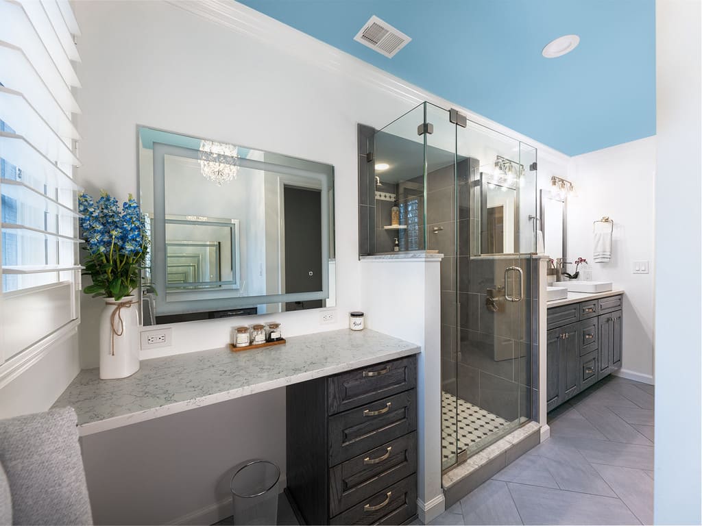 Master Bathroom remodel with blue accents, walk in shower, double vanity in Chester, NJ renovated by JMC Home Improvement Specialists