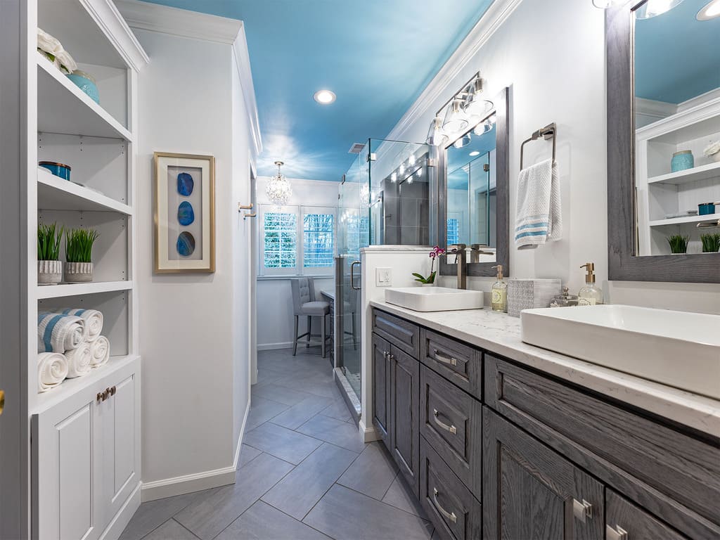 Master Bathroom remodel with blue accents, walk in shower, double vanity in Chester, NJ renovated by JMC Home Improvement Specialists