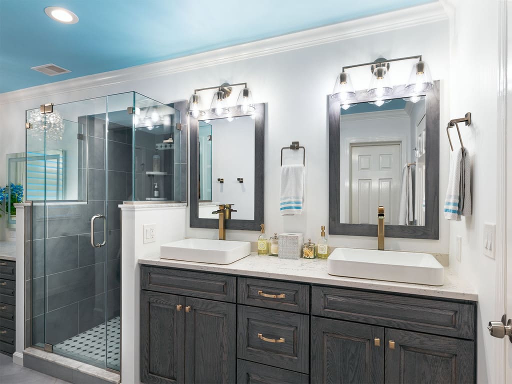Master Bathroom remodel with blue accents, walk in shower, double vanity in Chester, NJ renovated by JMC Home Improvement Specialists