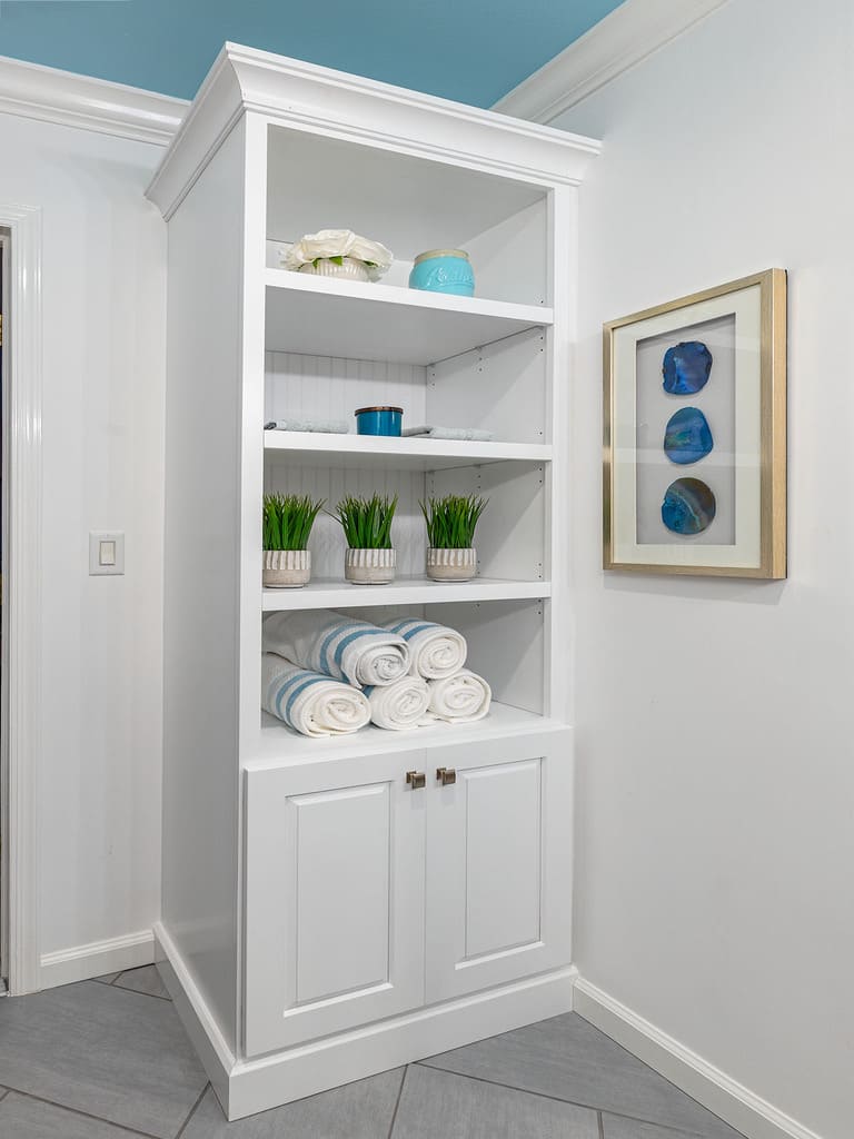 Master Bathroom remodel with blue accents, walk in shower, double vanity in Chester, NJ renovated by JMC Home Improvement Specialists