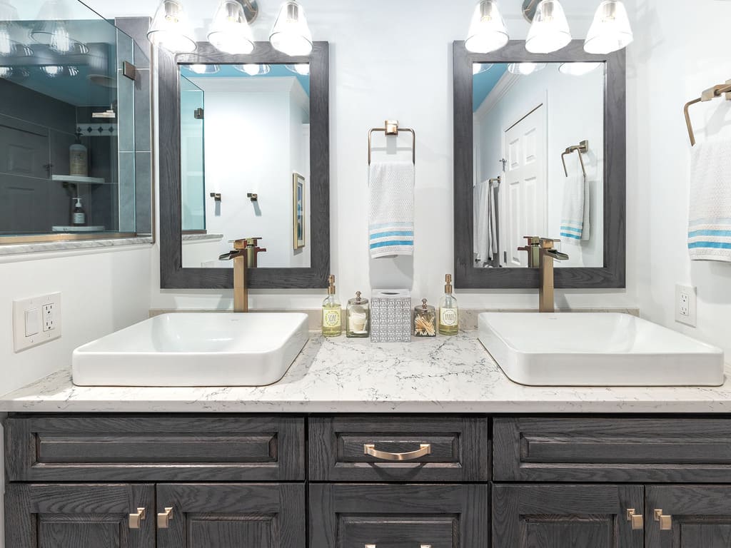 Master Bathroom remodel with blue accents, walk in shower, double vanity in Chester, NJ renovated by JMC Home Improvement Specialists