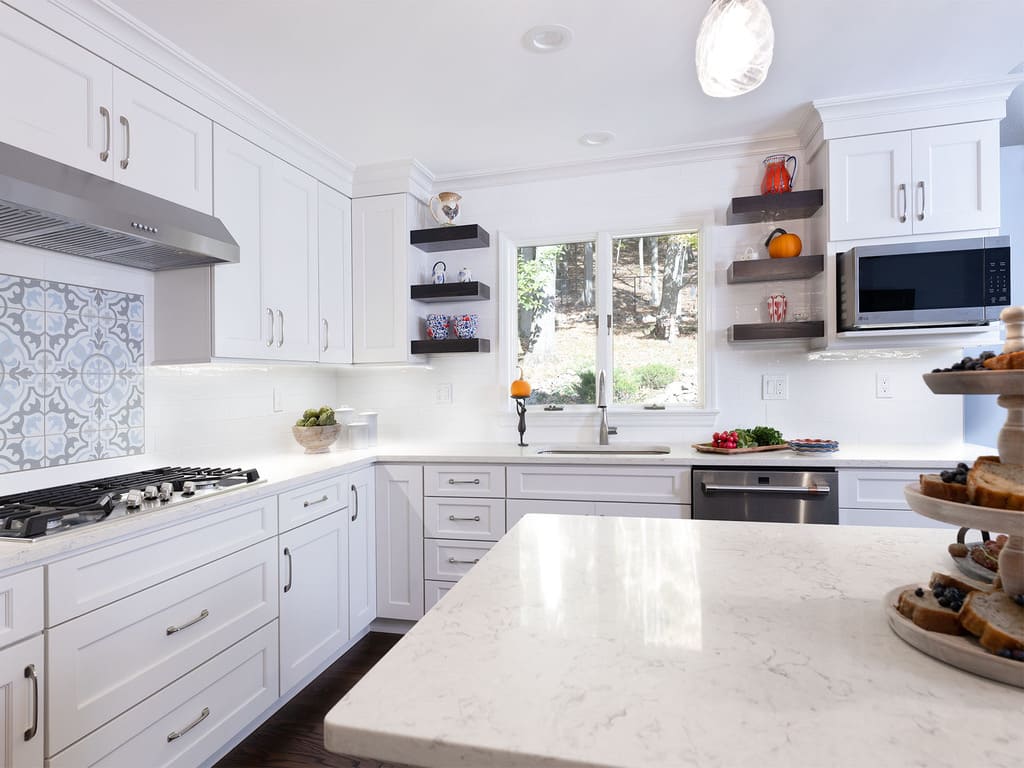 Two Tone kitchen remodel with blue island, white cabinetry and dark hardwoodin Long Valley, NJ renovated by JMC Home Improvement Specialists