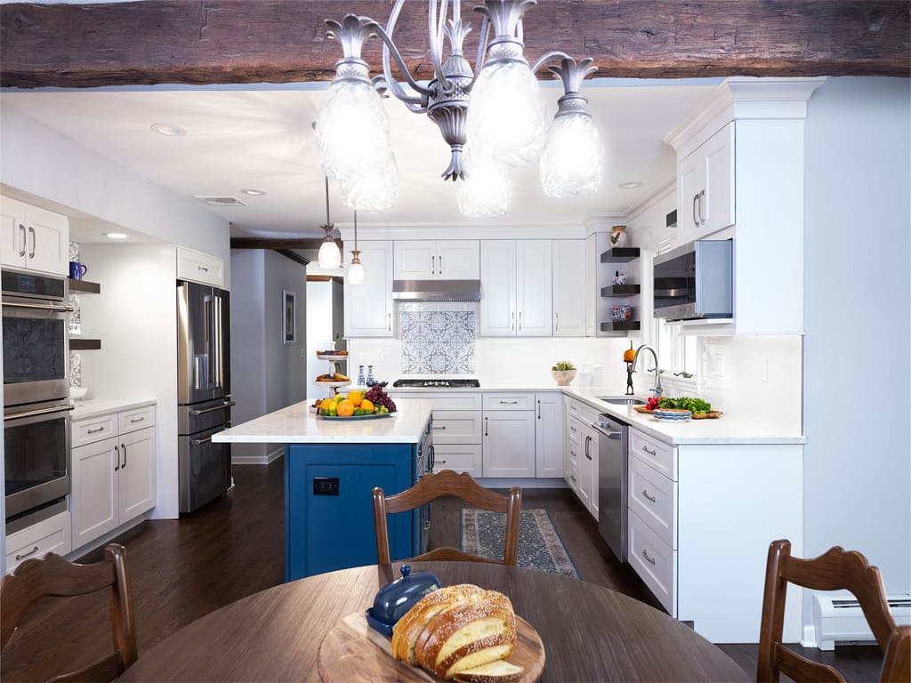 Two Tone kitchen remodel with blue island, white cabinetry and dark hardwoodin Long Valley, NJ renovated by JMC Home Improvement Specialists