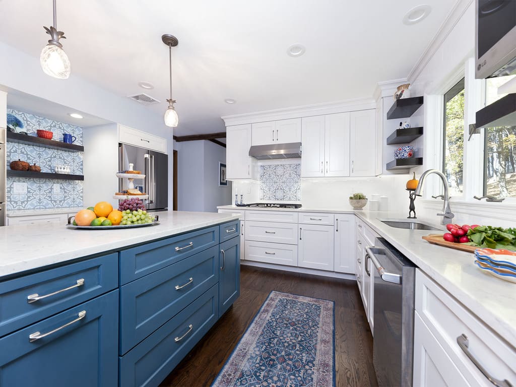 Two Tone kitchen remodel with blue island, white cabinetry and dark hardwoodin Long Valley, NJ renovated by JMC Home Improvement Specialists