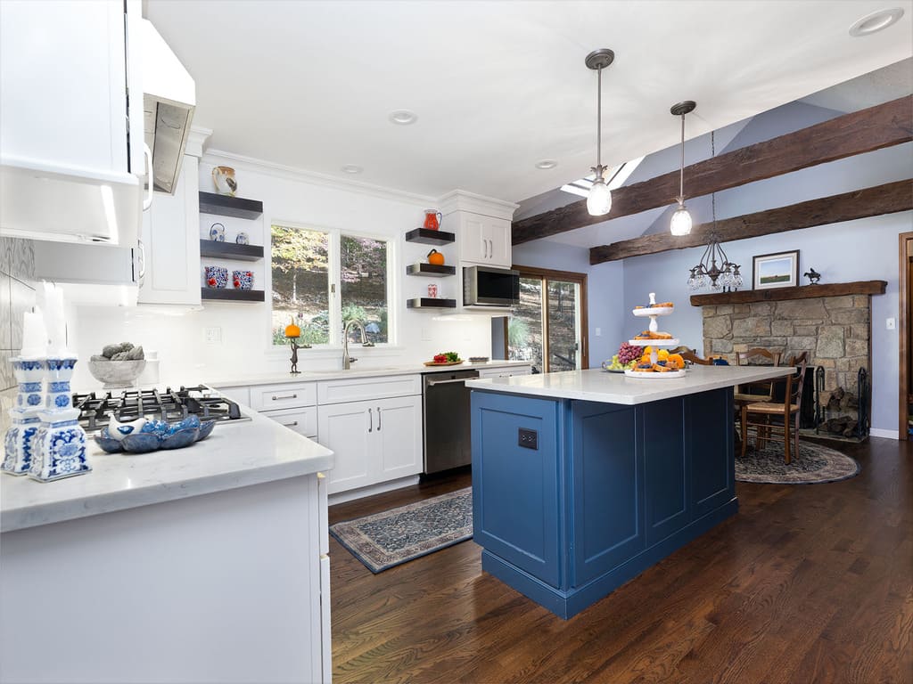 Two Tone kitchen remodel with blue island, white cabinetry and dark hardwoodin Long Valley, NJ renovated by JMC Home Improvement Specialists