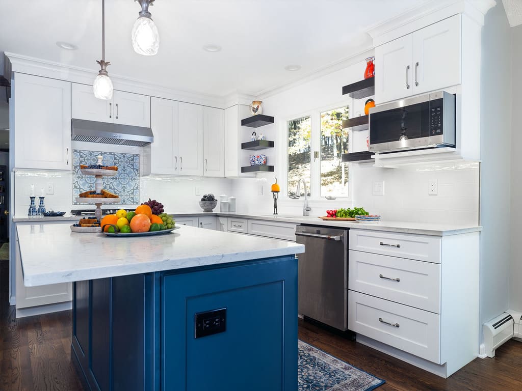 Two Tone kitchen remodel with blue island, white cabinetry and dark hardwoodin Long Valley, NJ renovated by JMC Home Improvement Specialists