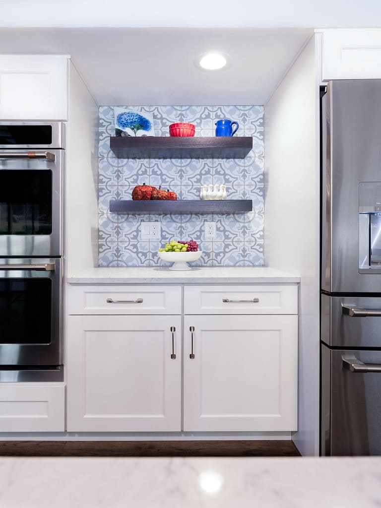 Two Tone kitchen remodel with blue island, white cabinetry and dark hardwoodin Long Valley, NJ renovated by JMC Home Improvement Specialists