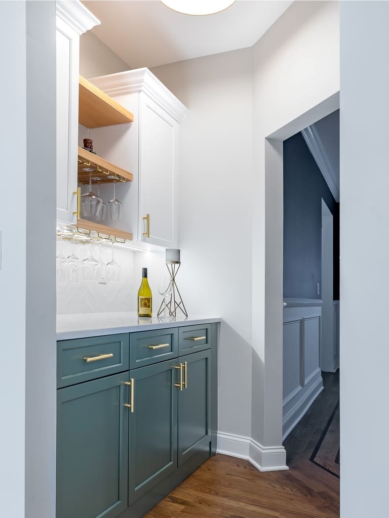 Two tone modern kitchen remodel with brushed gold accents in Towaco, NJ renovated by JMC Home Improvement Specialists