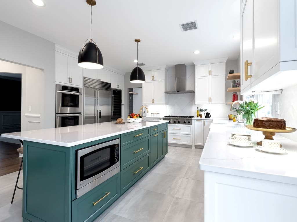 Two tone modern kitchen remodel with brushed gold accents in Towaco, NJ renovated by JMC Home Improvement Specialists