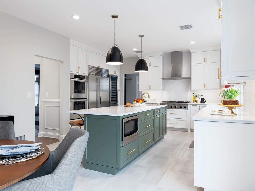 Two tone modern kitchen remodel with brushed gold accents in Towaco, NJ renovated by JMC Home Improvement Specialists