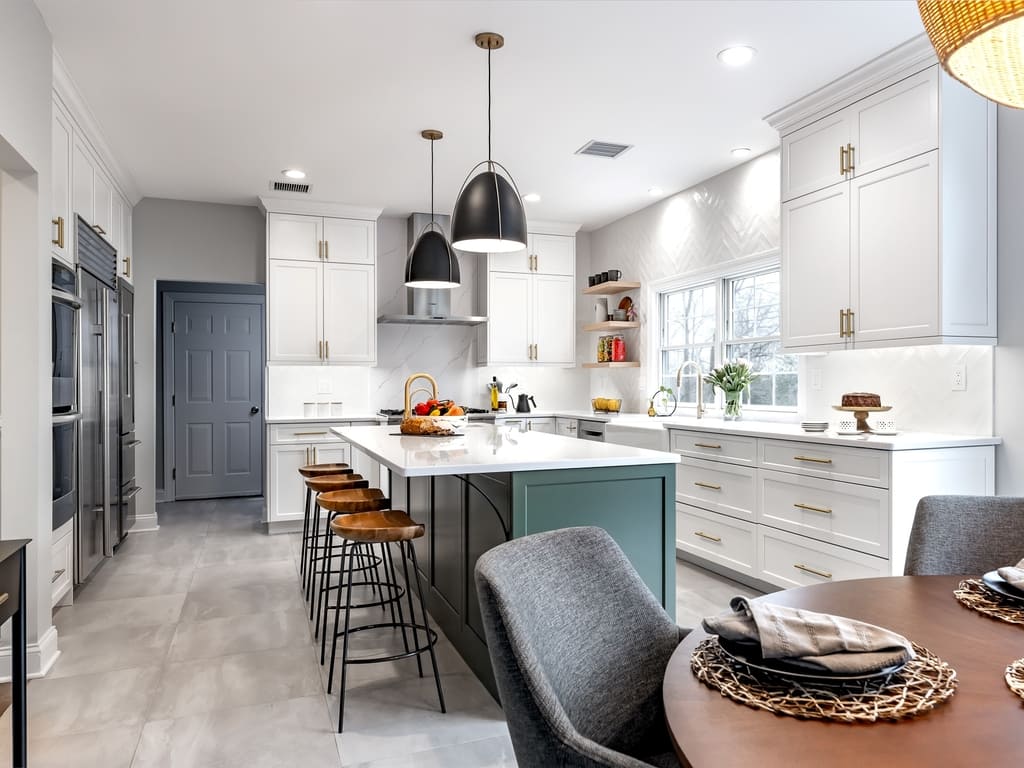 Two tone modern kitchen remodel with brushed gold accents in Towaco, NJ renovated by JMC Home Improvement Specialists