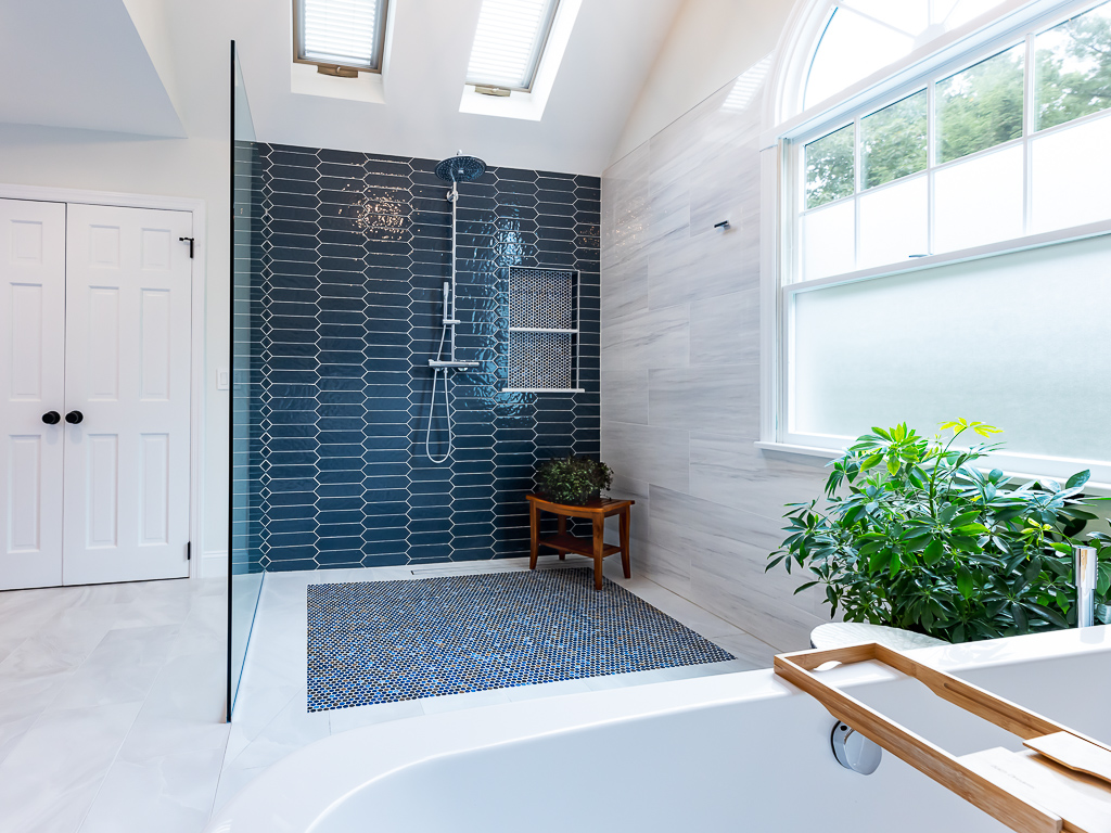 Large Blue walk in shower and soaking tub Master Bathroom Remodeling Project