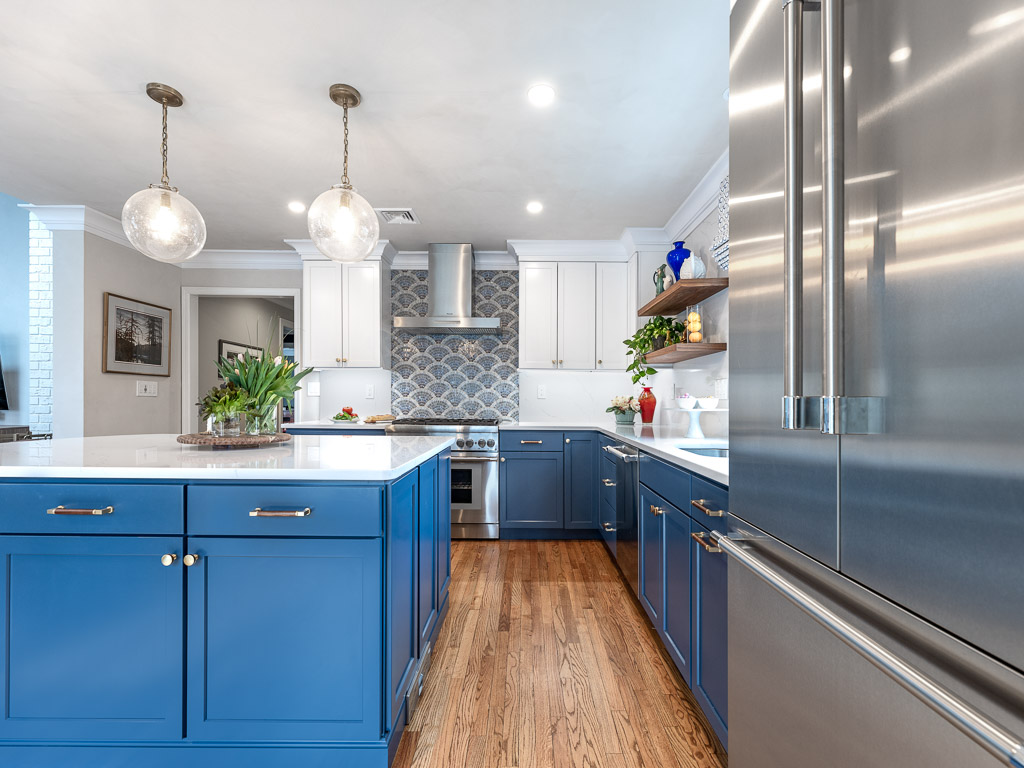 Chatham kitchen remodel with blue cabinets and custom tile backsplash