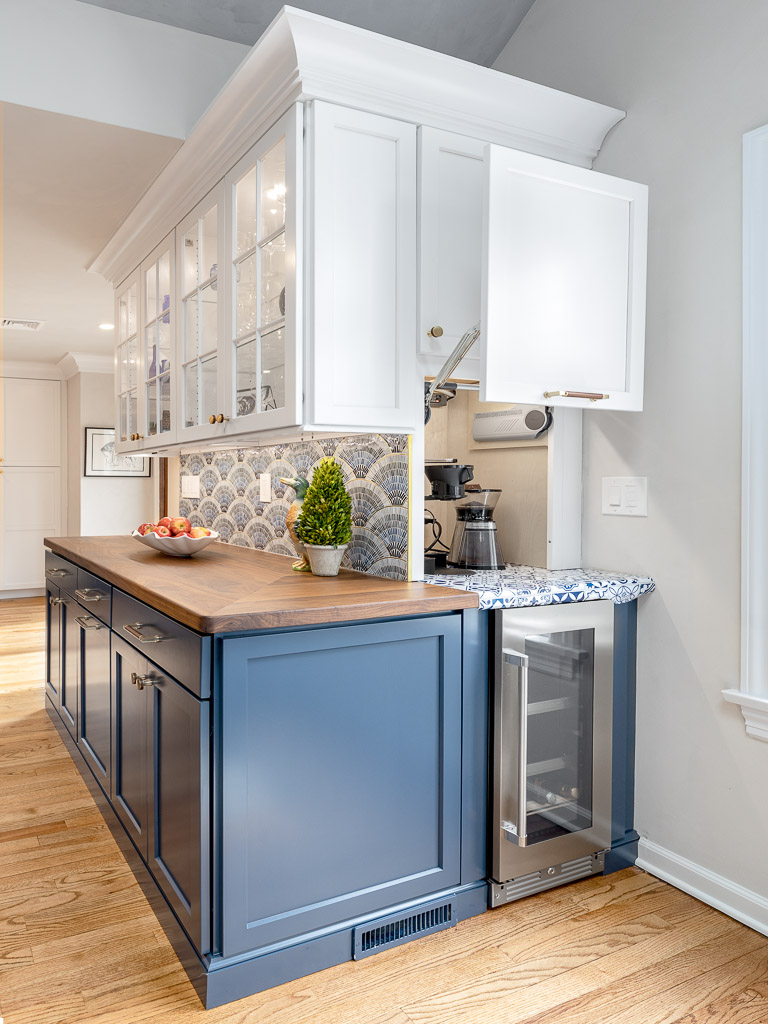 Chatham kitchen remodel with blue cabinets and custom tile backsplash