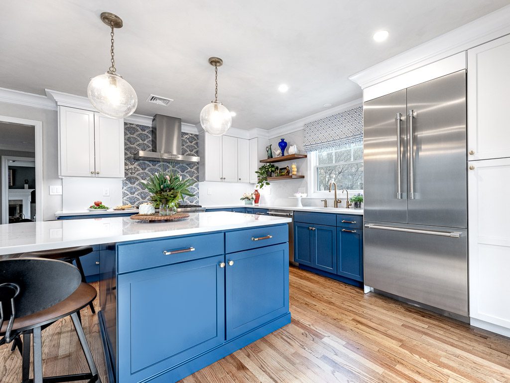 Chatham kitchen remodel with blue cabinets and custom tile backsplash