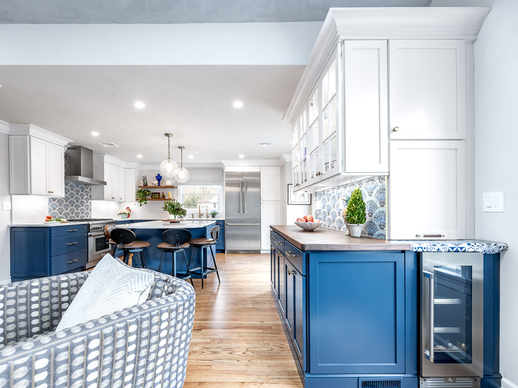 Chatham kitchen remodel with blue cabinets and custom tile backsplash