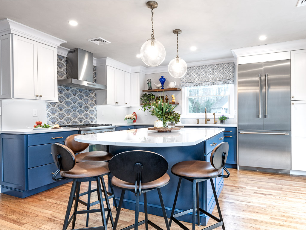 Chatham kitchen remodel with blue cabinets and custom tile backsplash