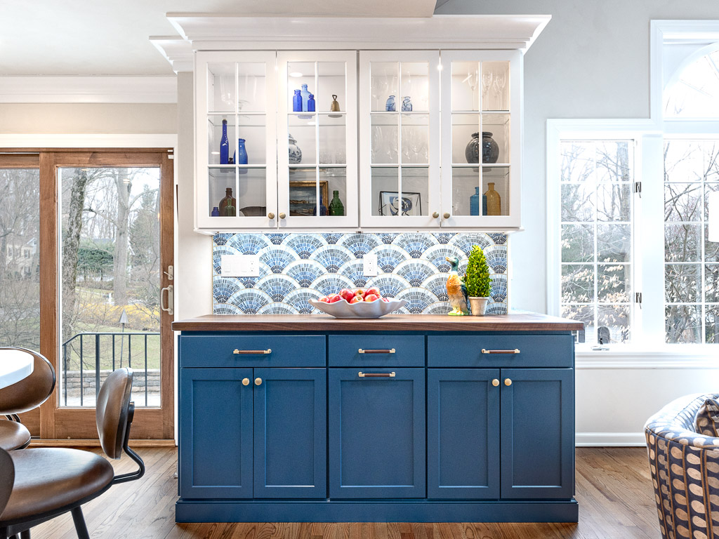 Chatham kitchen remodel with blue cabinets and custom tile backsplash