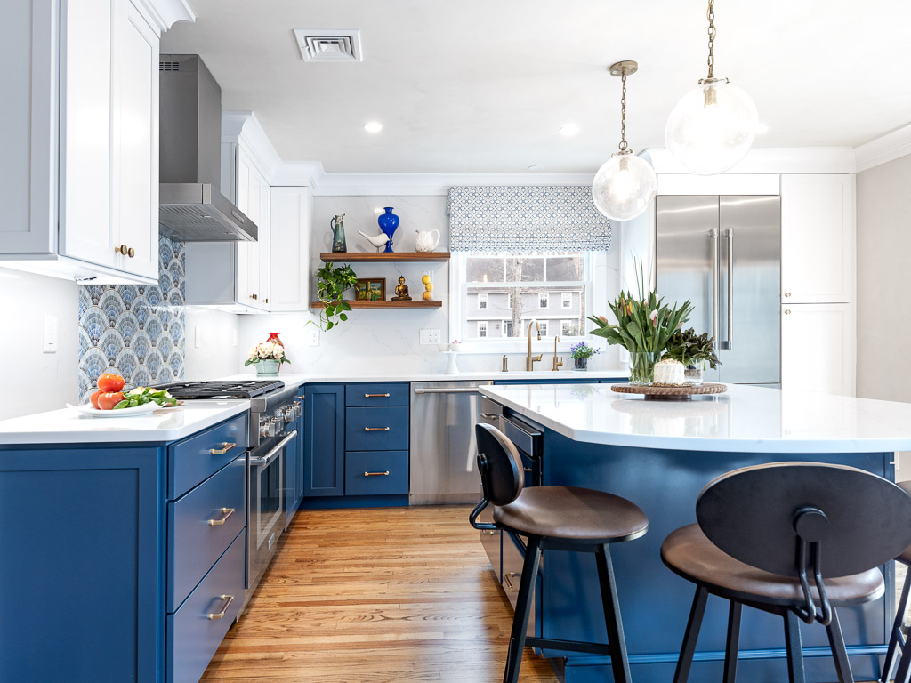 Chatham kitchen remodel with blue cabinets and custom tile backsplash