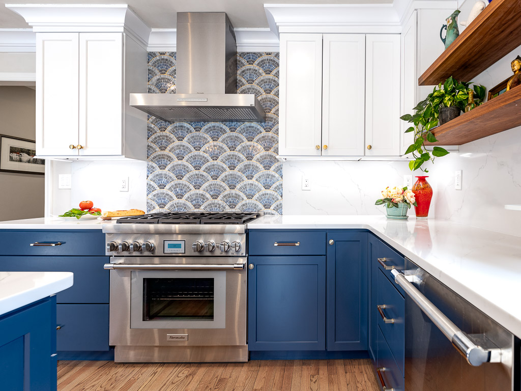 Chatham kitchen remodel with blue cabinets and custom tile backsplash