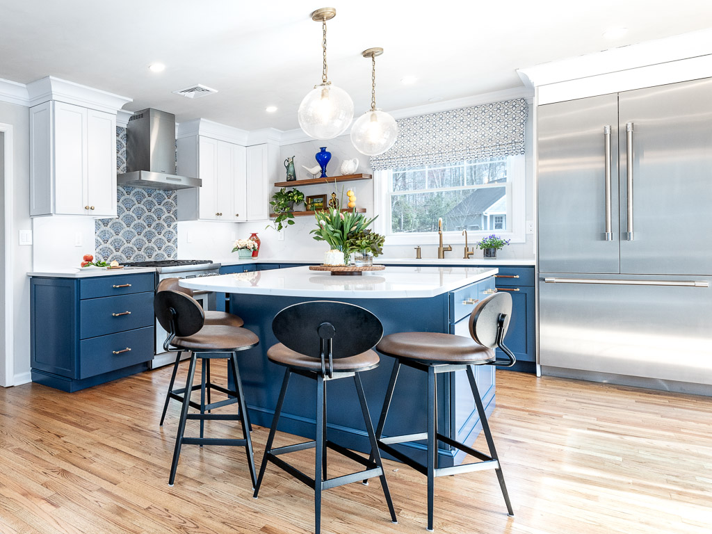 Chatham kitchen remodel with blue cabinets and custom tile backsplash