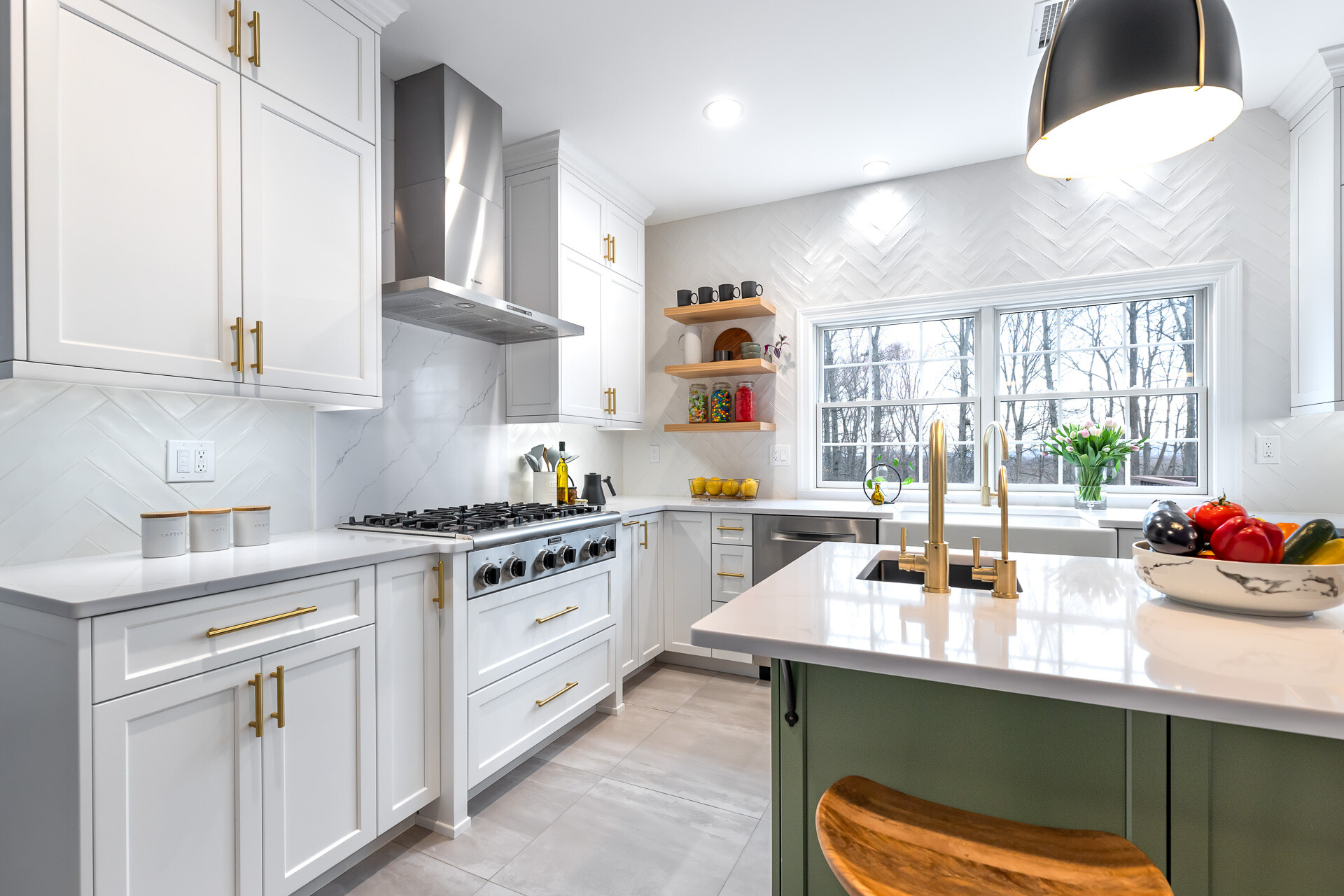 Kitchen with Herringbone Backsplash and Green Cabinets Kitchen with Herringbone Backsplash and Green Cabinets