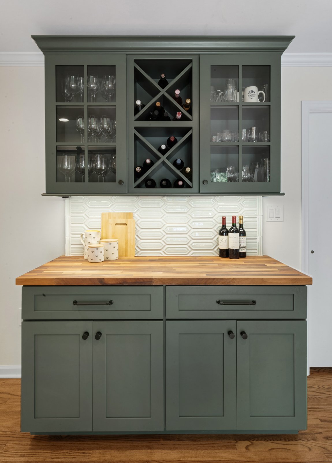 Mendham farmhouse kitchen remodel with lily pad green shaker cabinet doors, quartz and butcher block with farmhouse sink and Anderson windows.