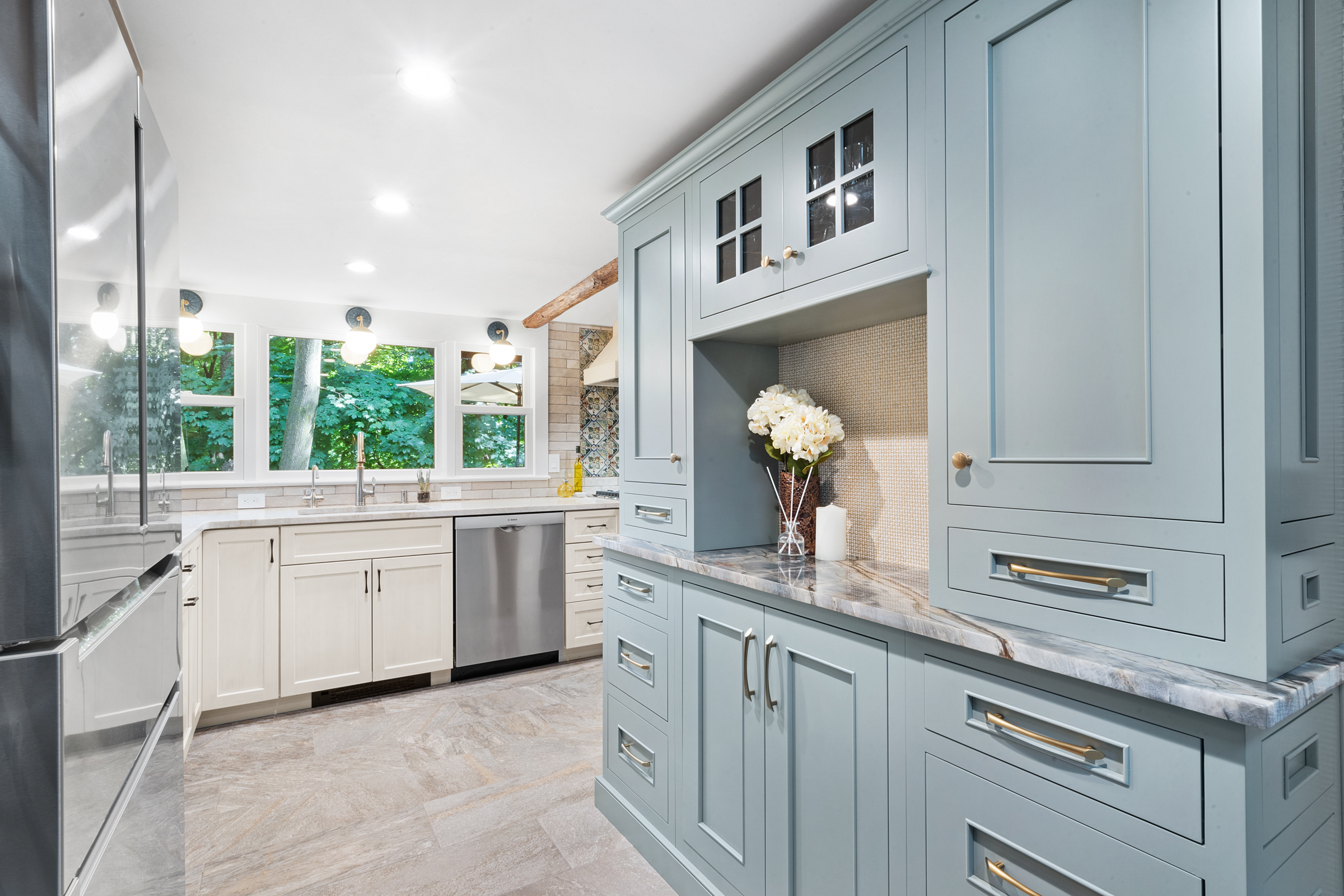 Kinnelon kitchen remodel with full maple overlay framed white signature custom cabinets 