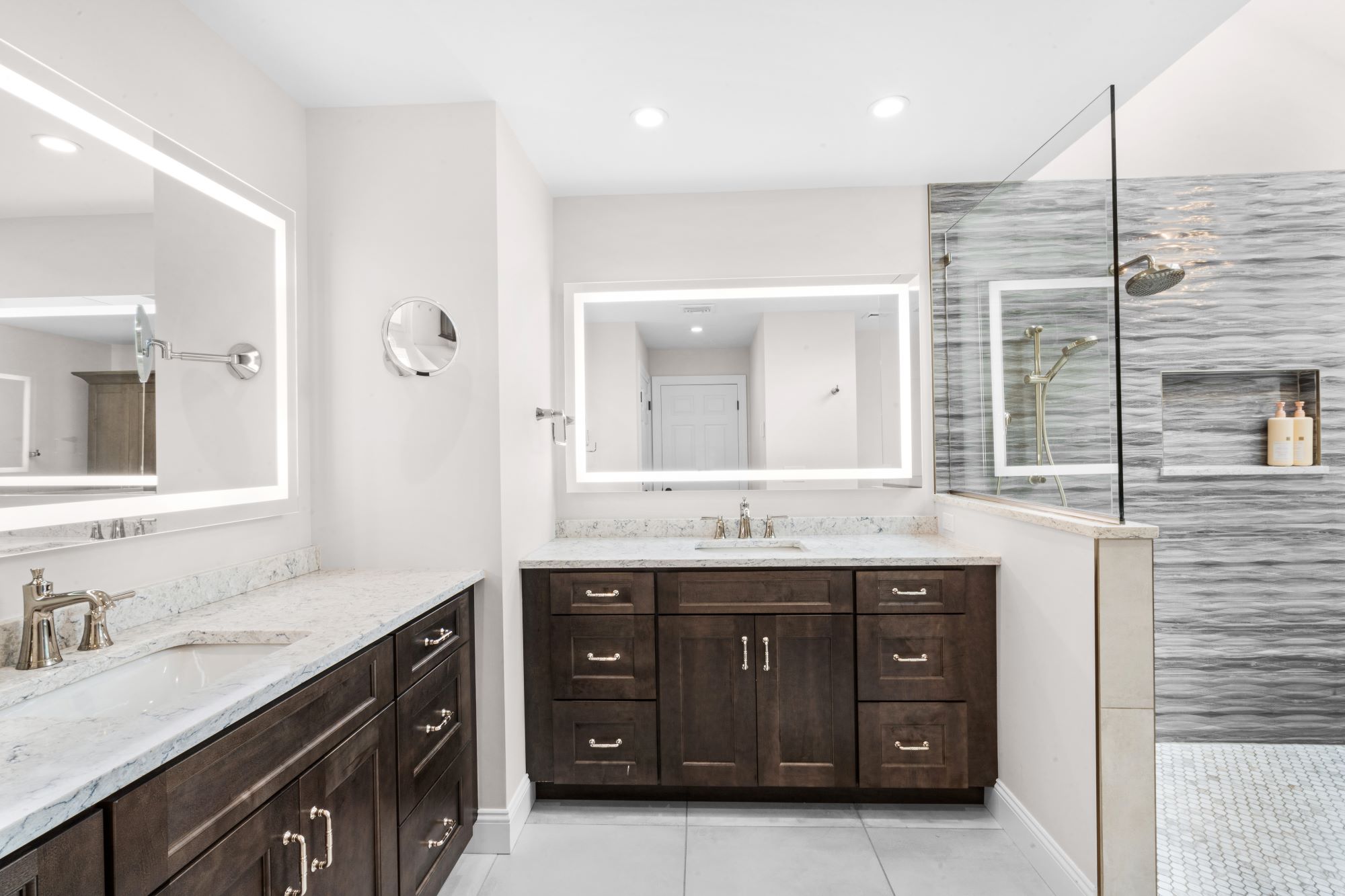 Bathroom remodel with soaking tub in shower with large windows and chandelier and lots of light in  North Caldwell, NJ